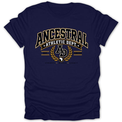 Navy t-shirt with "Ancestral Athletic Dept." text and "AD" logo.