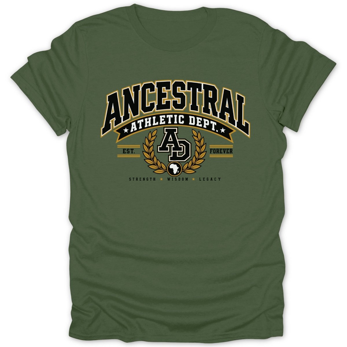 Olive green t-shirt with "Ancestral Athletic Dept" text and laurel wreath logo.