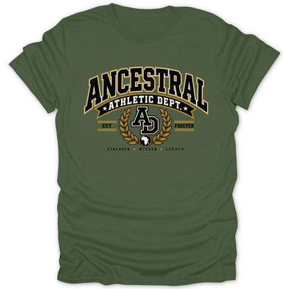 Olive green t-shirt with "Ancestral Athletic Dept" text and laurel wreath logo.