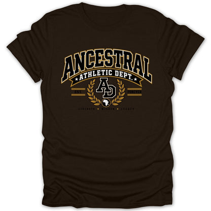 Brown t-shirt with "ANCESTRAL ATHLETIC DEPT." logo and African continent graphic.