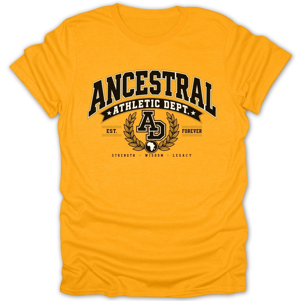 Yellow t-shirt with "Ancestral Athletic Dept." text and AD logo.