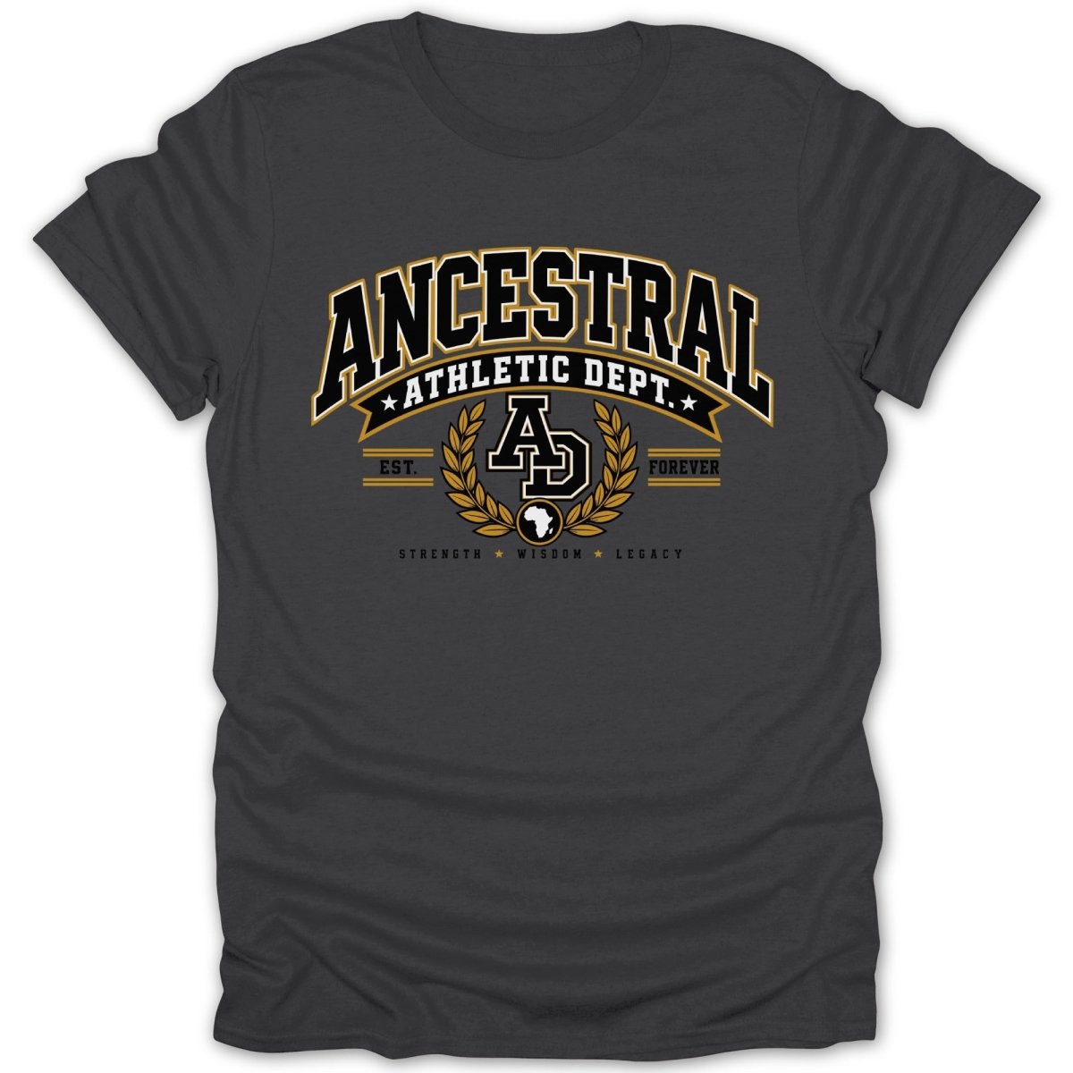 Dark gray t-shirt with Ancestral Athletic Dept. logo, AD initials, and African continent outline.