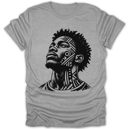 Black and white sketch of a man with tribal face tattoos on a grey t-shirt.
