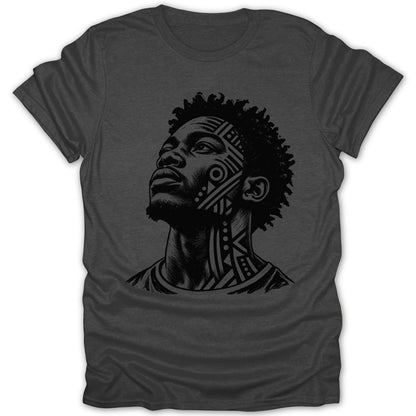 T-shirt with black and white graphic of a man's face with tribal markings.