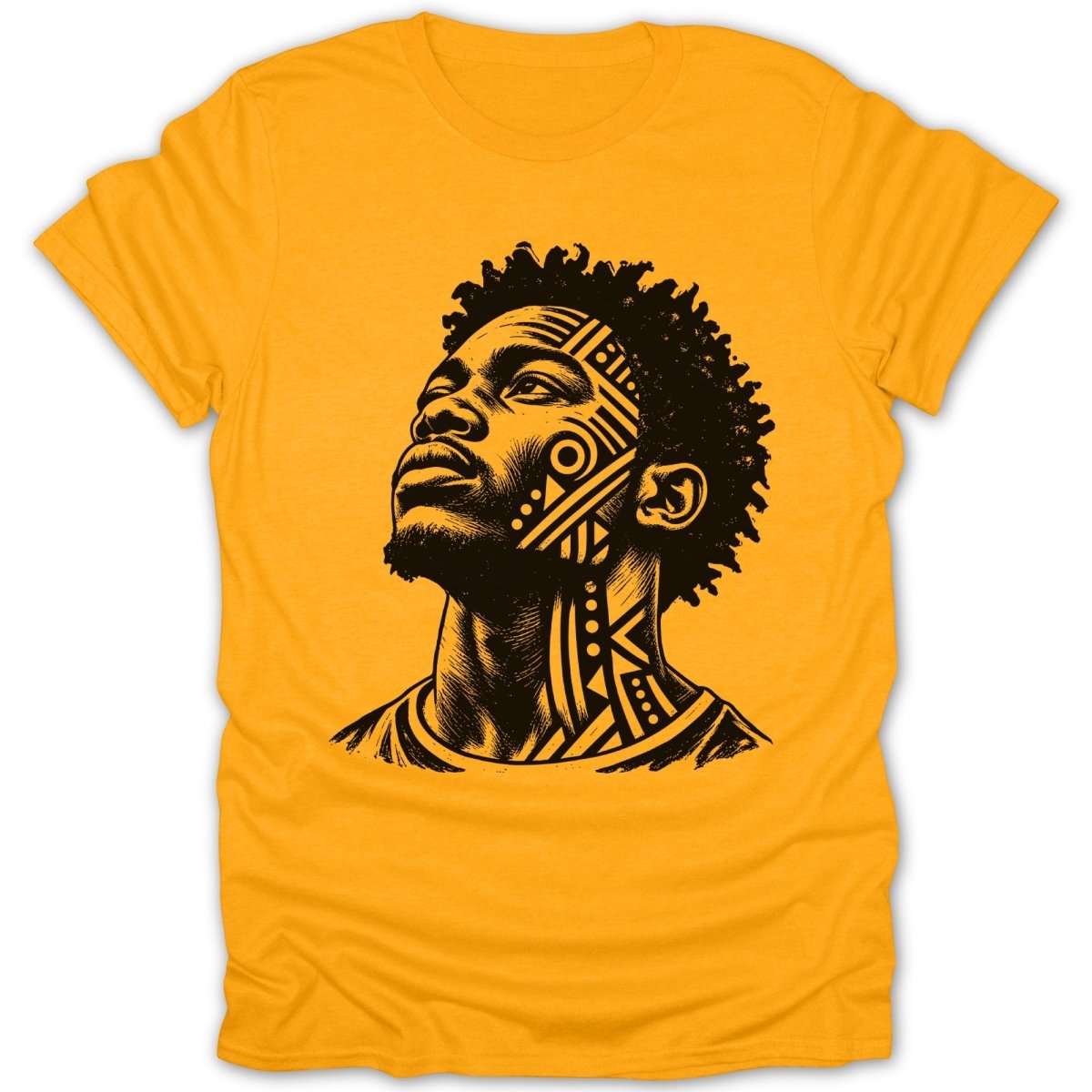 Black tribal pattern adorns a man's face and neck on a gold t-shirt.