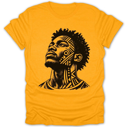 Black tribal pattern adorns a man's face and neck on a gold t-shirt.