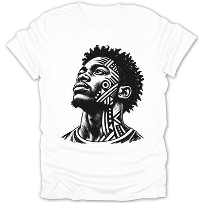 T-shirt with black and white graphic of a man's face with tribal markings.