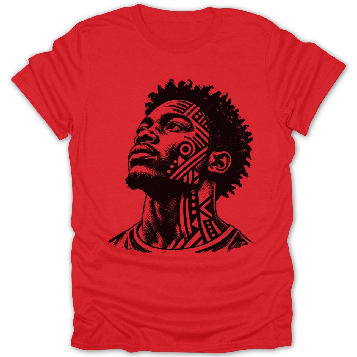 Red t-shirt with a black ink illustration of a man's face with geometric patterns.