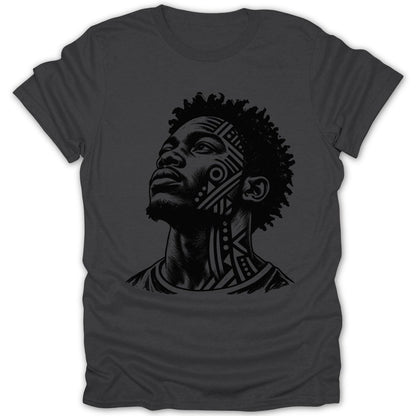 T-shirt with black ink illustration of man's face and neck with tribal patterns.