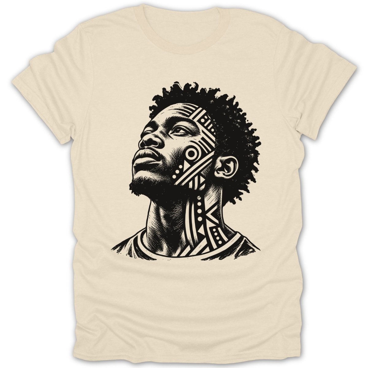 Black and white portrait of a man with tribal face markings on a cream t-shirt.