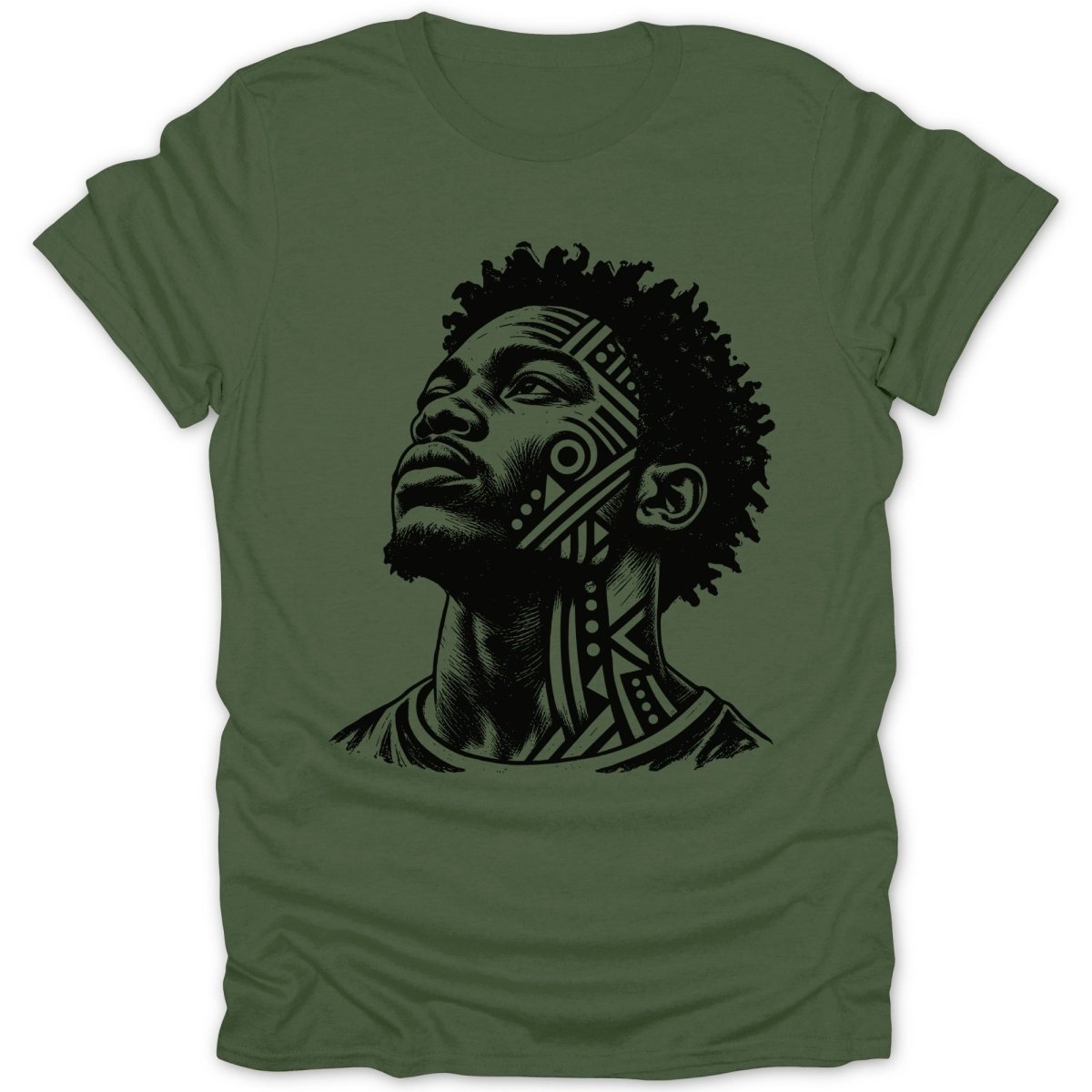 T-shirt with black graphic of man's face and neck with tribal markings.