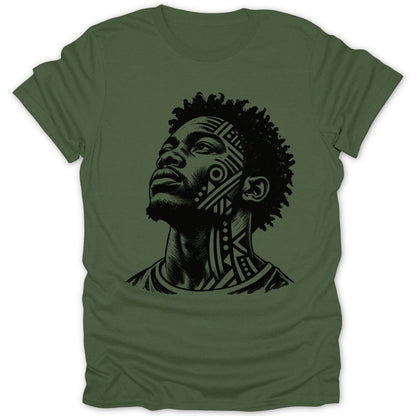 T-shirt with black graphic of man's face and neck with tribal markings.