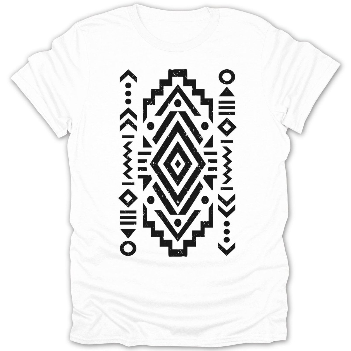 White t-shirt with black geometric tribal pattern design centered on chest.
