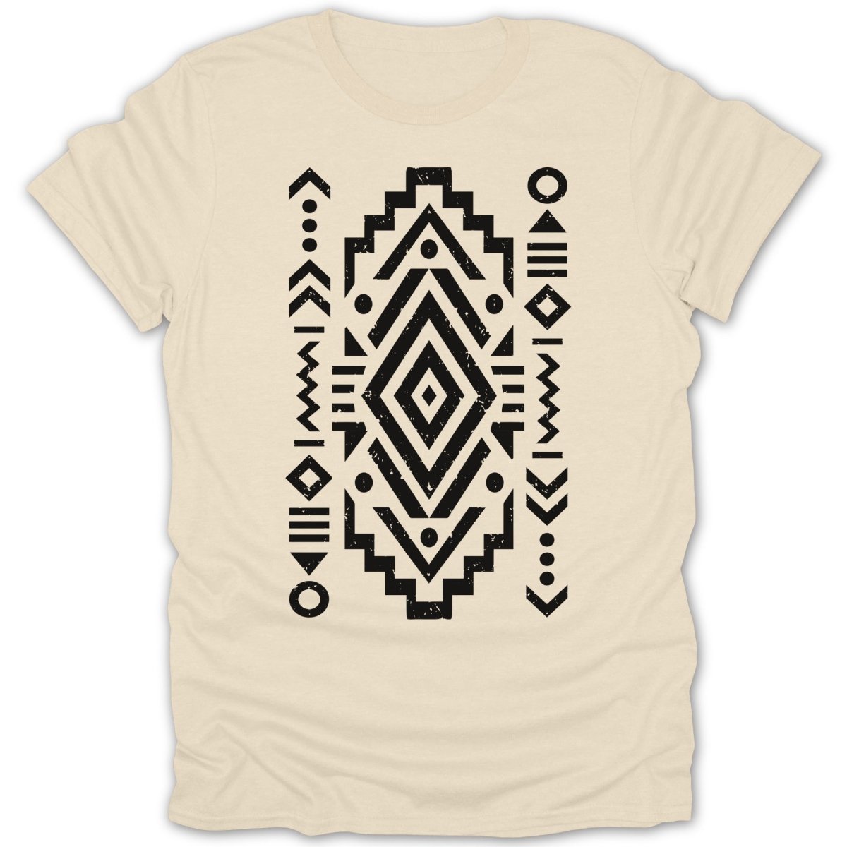 Cream t-shirt with black geometric tribal pattern.