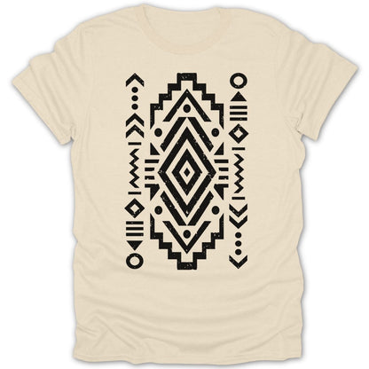 Cream t-shirt with black geometric tribal pattern.