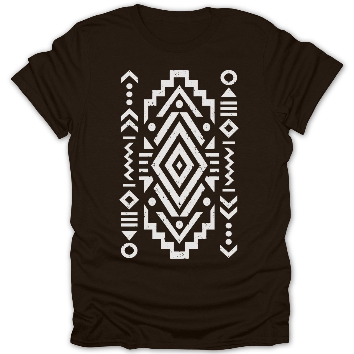 Brown t-shirt with a white geometric tribal pattern centered on the chest.