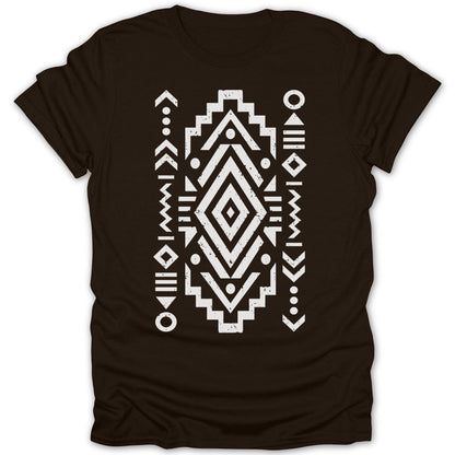 Brown t-shirt with a white geometric tribal pattern centered on the chest.