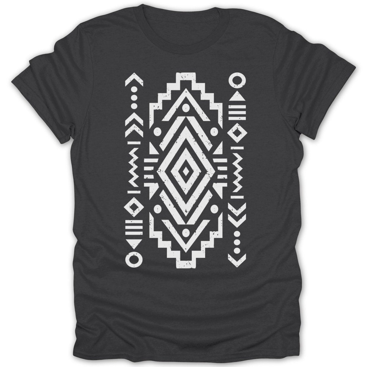 Dark t-shirt with geometric white tribal pattern.