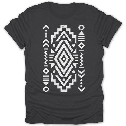 Dark t-shirt with geometric white tribal pattern.
