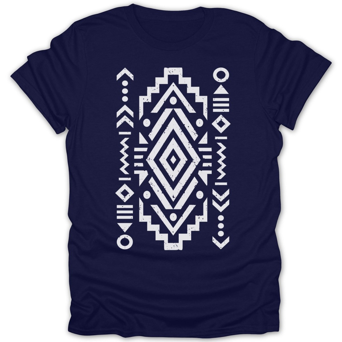 Navy t-shirt with white geometric tribal pattern on front.