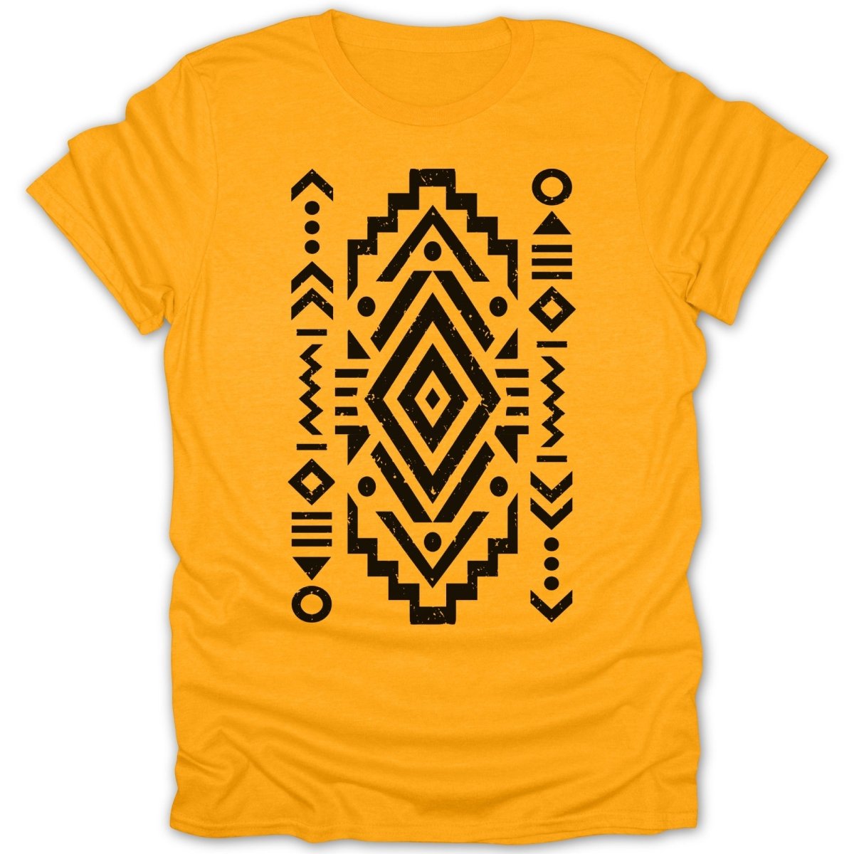 Yellow t-shirt with a black geometric tribal pattern.