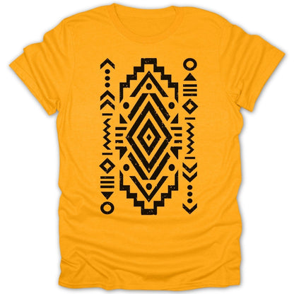 Yellow t-shirt with a black geometric tribal pattern.
