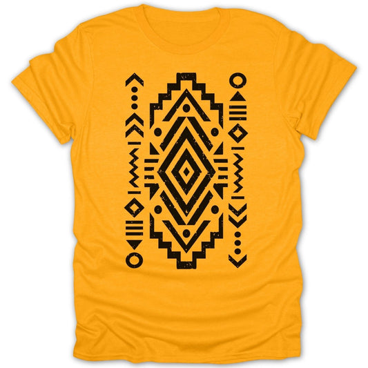 Yellow t-shirt with a black geometric tribal pattern.