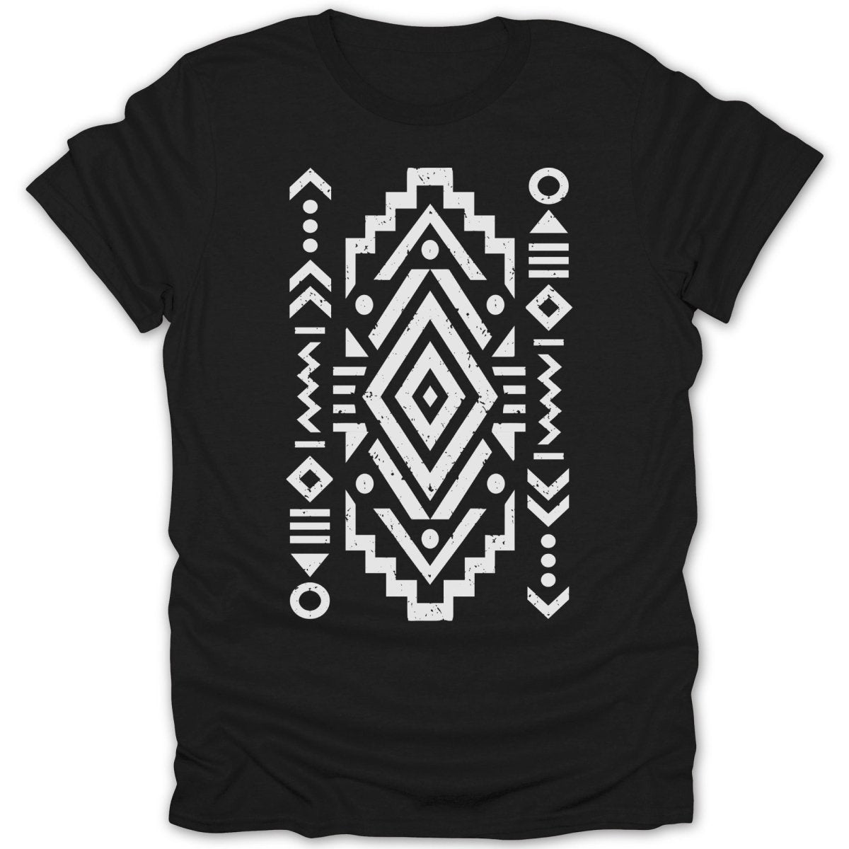 Black t-shirt with a white geometric tribal pattern design.