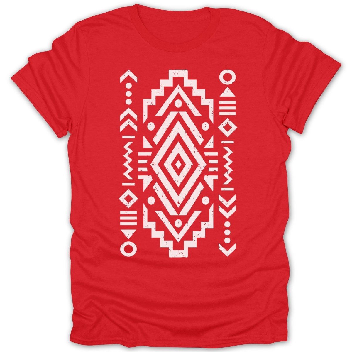 Red t-shirt with a white geometric tribal pattern design.