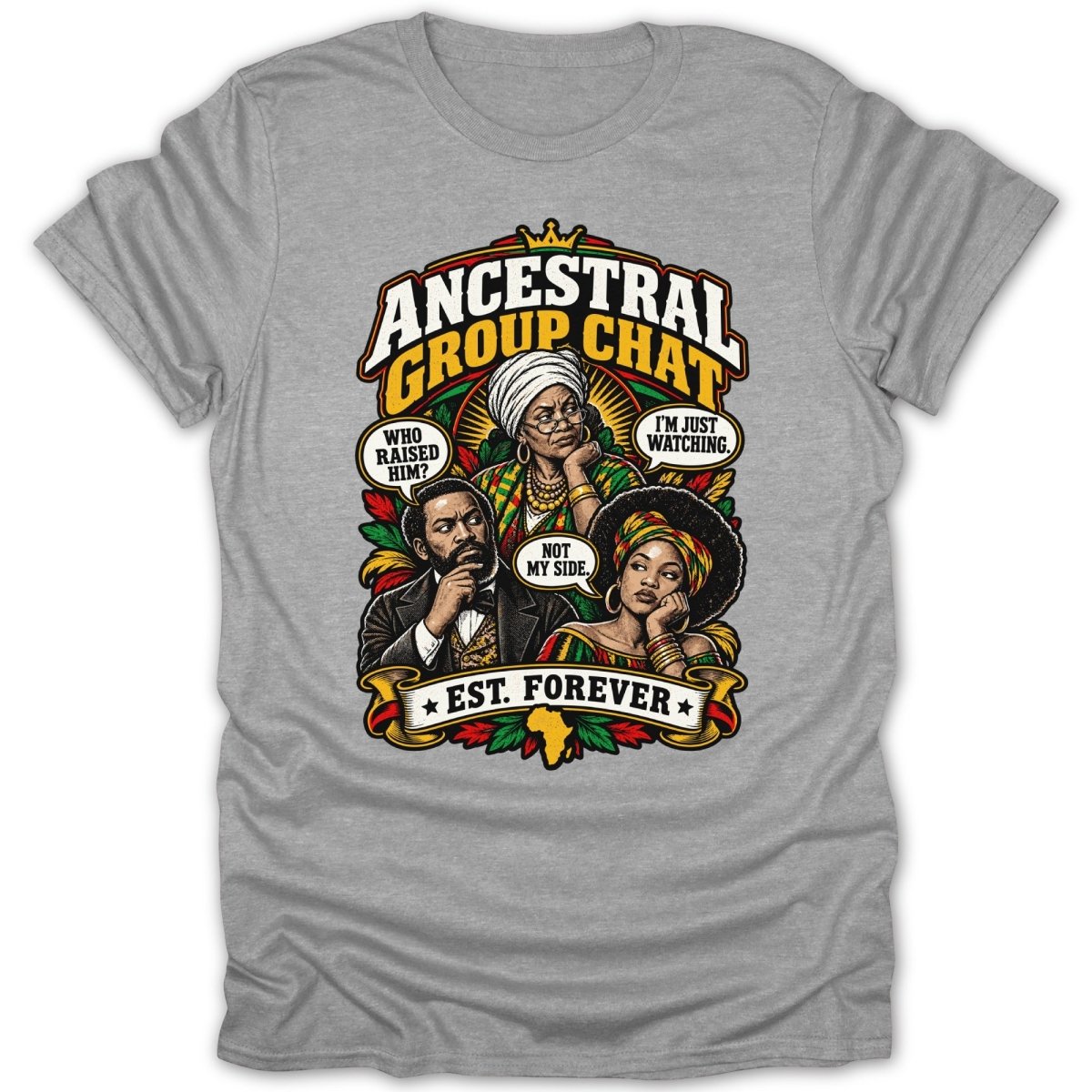 Ancestral Group Chat t-shirt with three illustrated people and text.