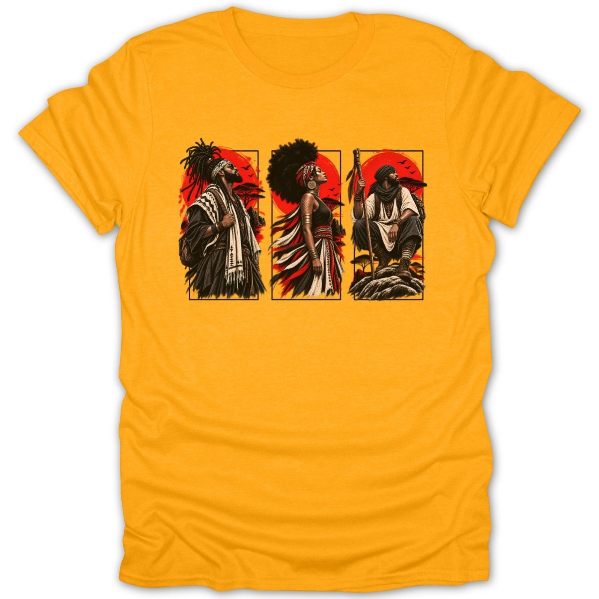Three illustrations of people in traditional attire with African-inspired backdrops.