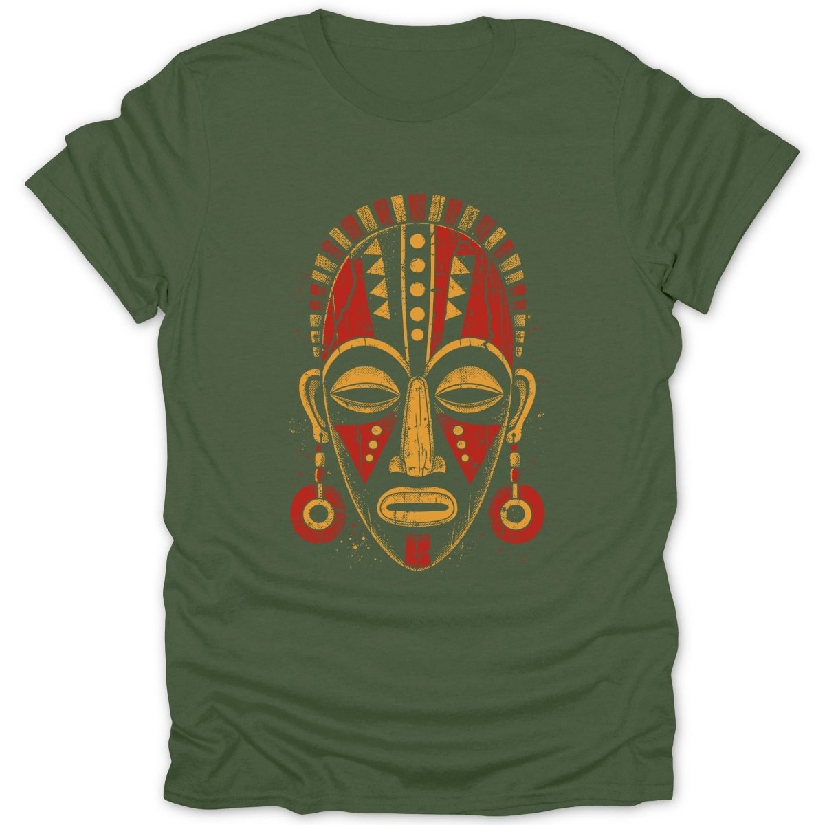 Green t-shirt with a distressed red and yellow tribal mask graphic.