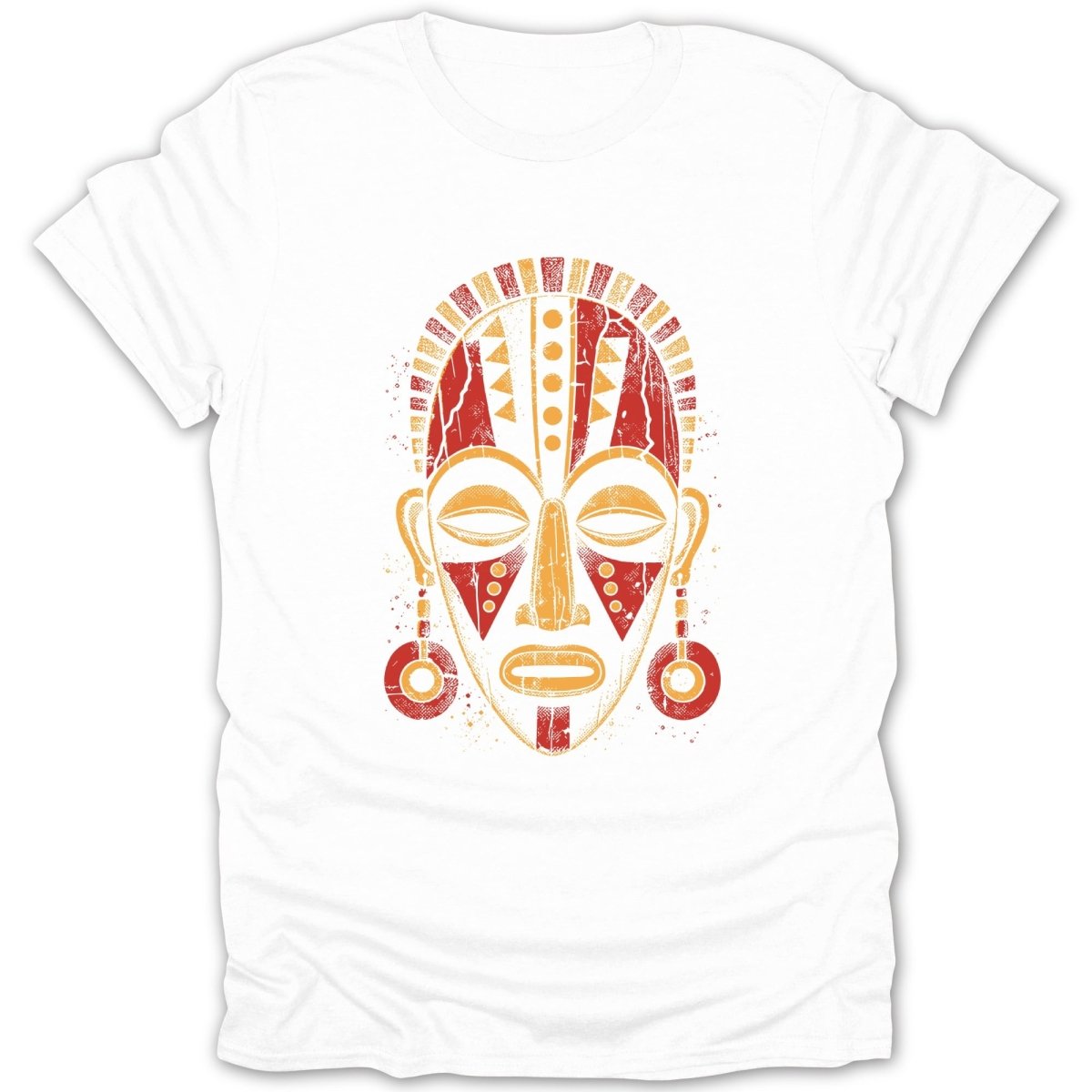 White t-shirt with a distressed red and yellow tribal mask graphic.