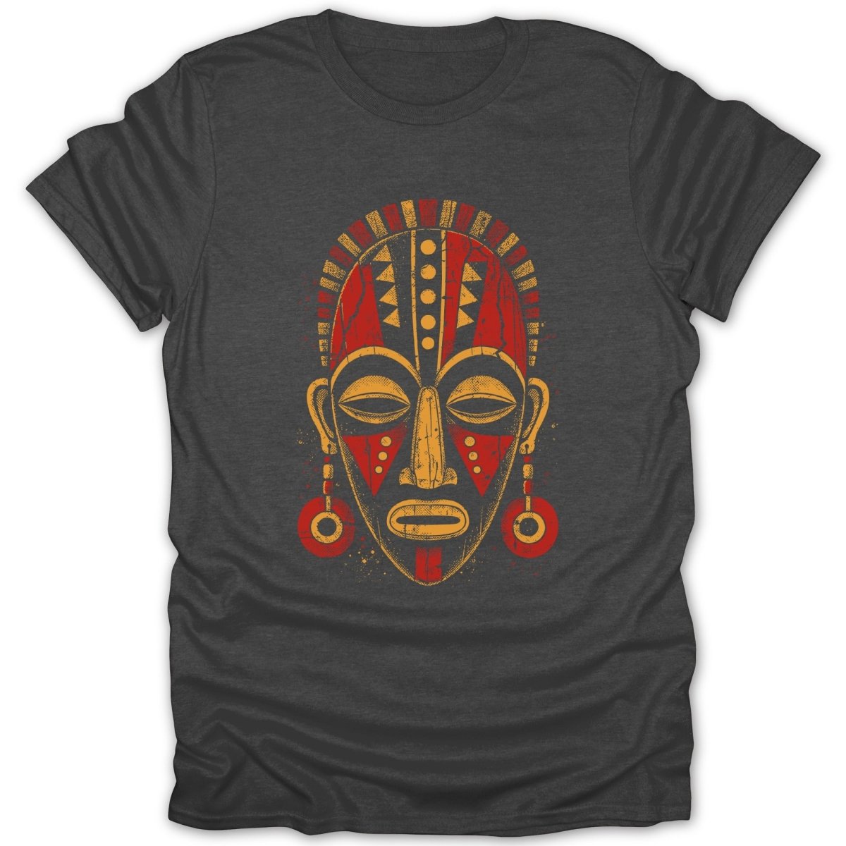 Distressed tribal mask graphic in red and yellow on a charcoal t-shirt.