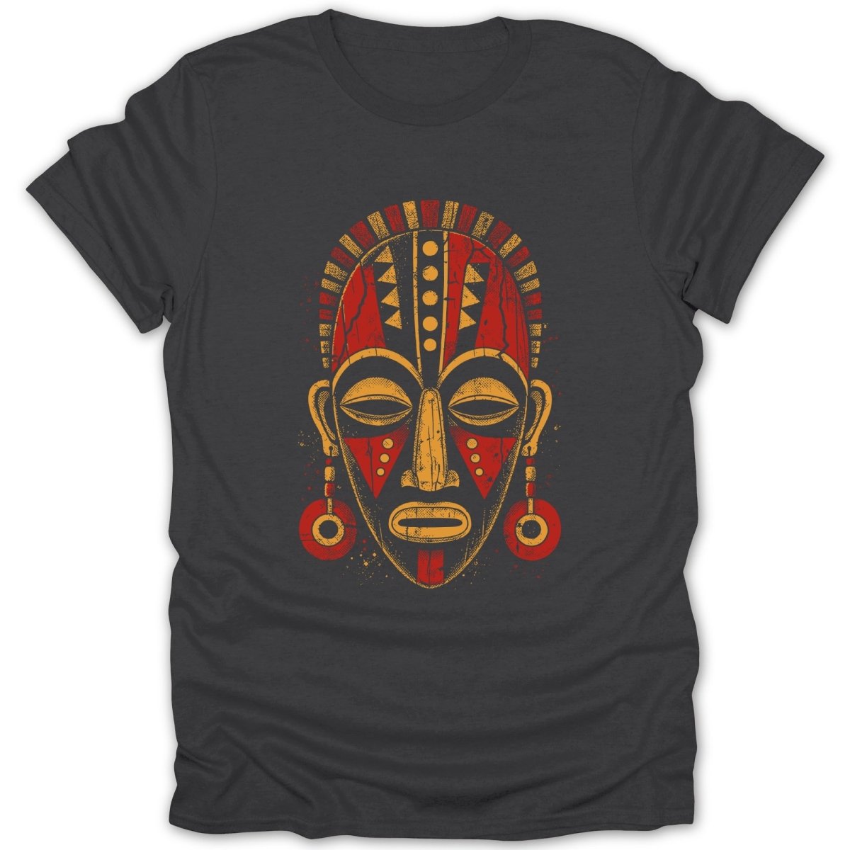 Dark grey t-shirt with distressed graphic of a red and yellow tribal mask.