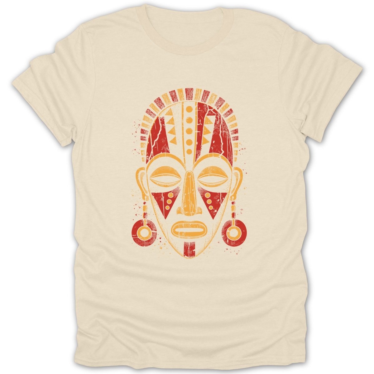 Cream t-shirt with a distressed red and yellow tribal mask graphic.