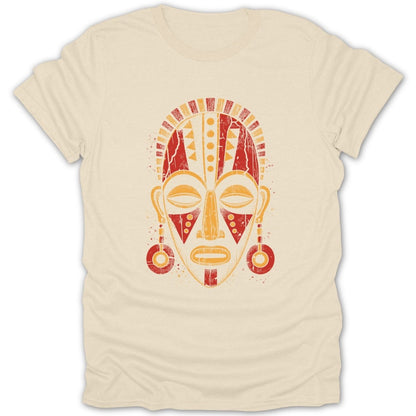 Cream t-shirt with a distressed red and yellow tribal mask graphic.
