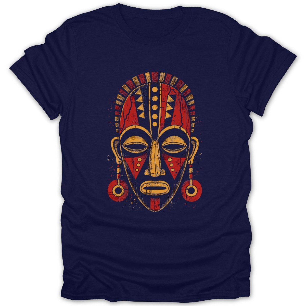 Navy t-shirt with a distressed red and yellow tribal mask graphic.
