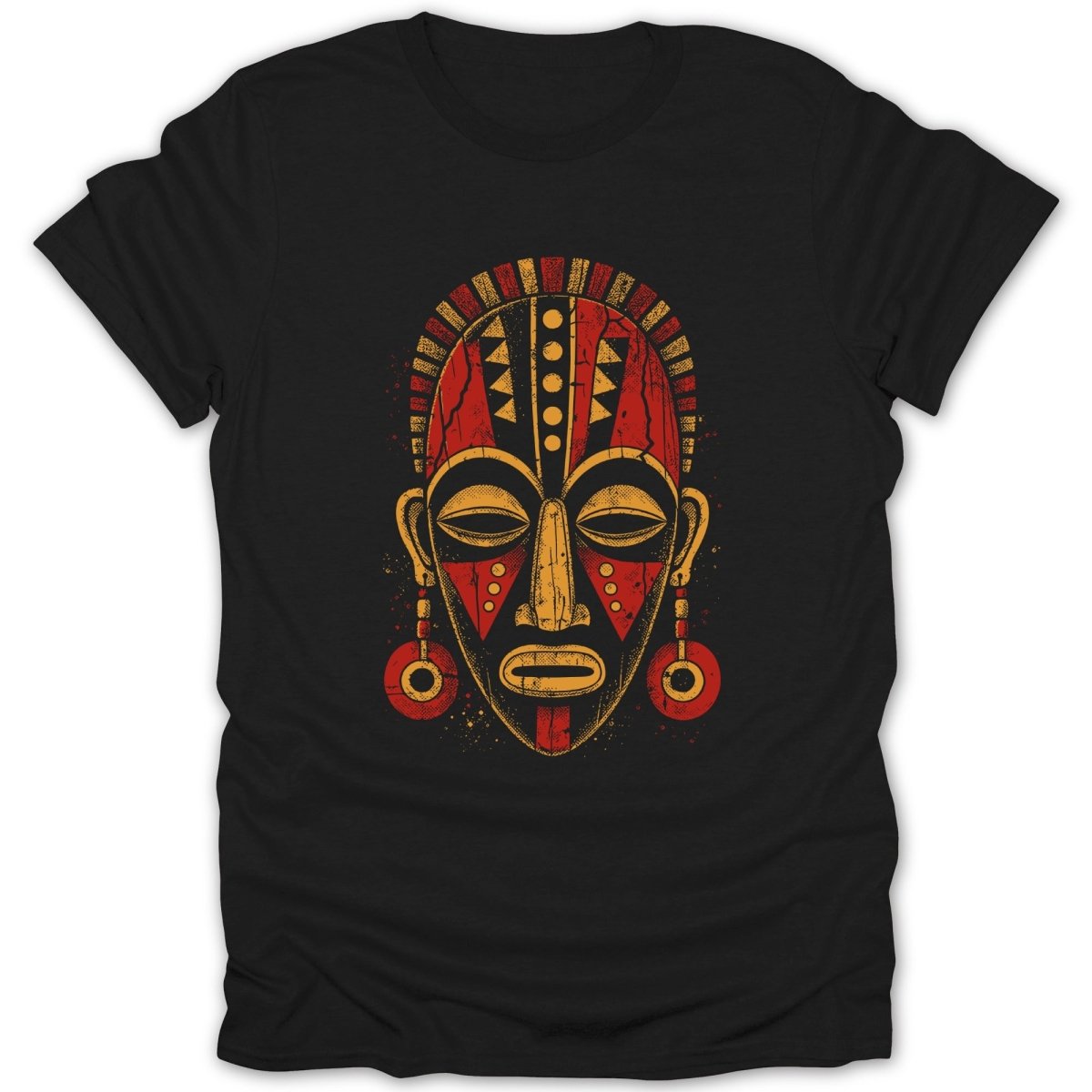 Black t-shirt with a distressed red and yellow tribal mask graphic.
