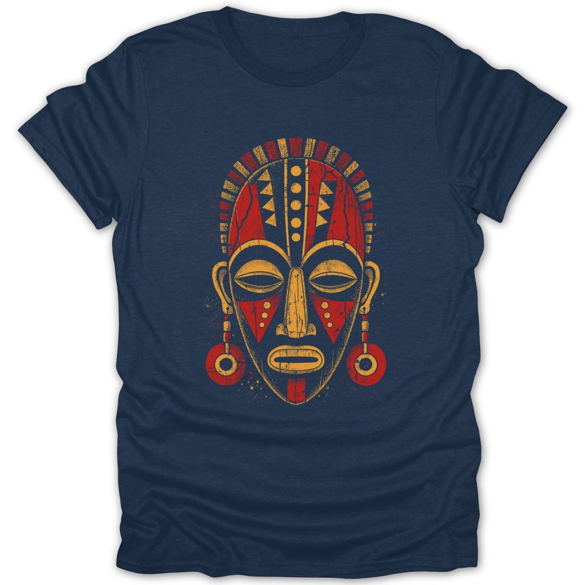 Dark blue t-shirt featuring a red and yellow African mask graphic with circular earrings.