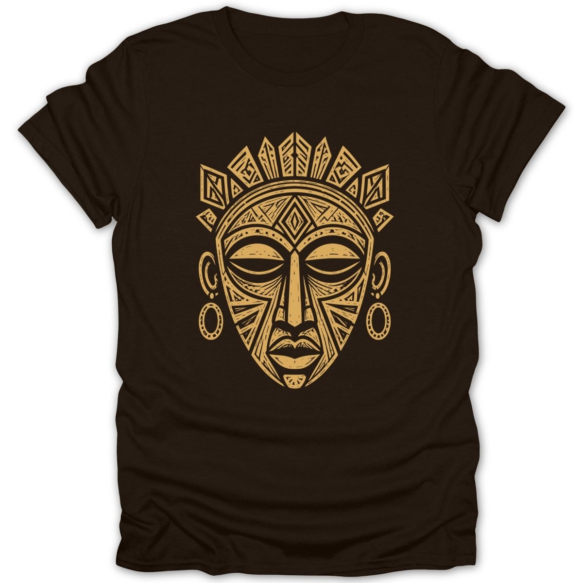 Brown t-shirt with a gold tribal mask design and circular earrings.