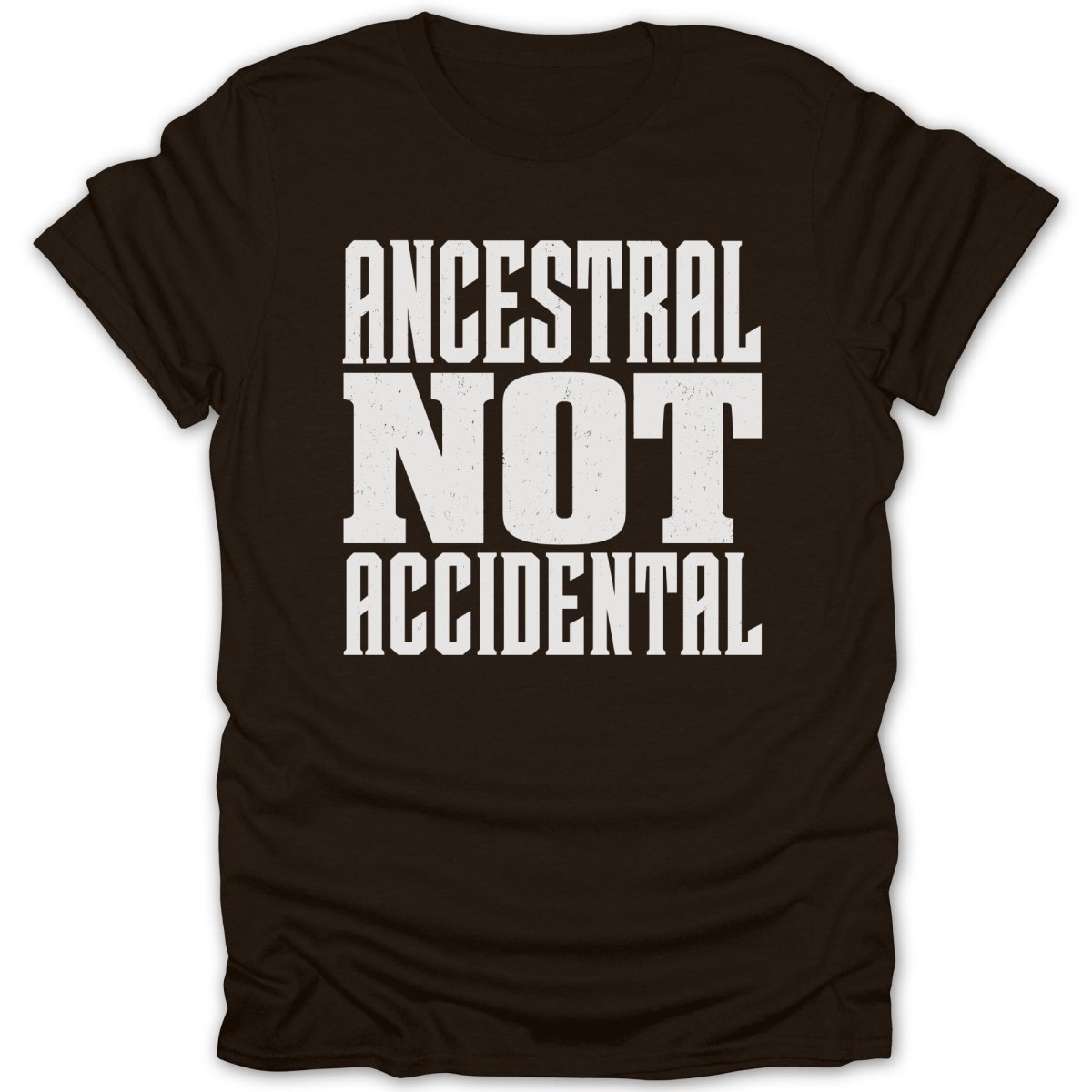 Dark brown t-shirt with white text that reads "ANCESTRAL NOT ACCIDENTAL".