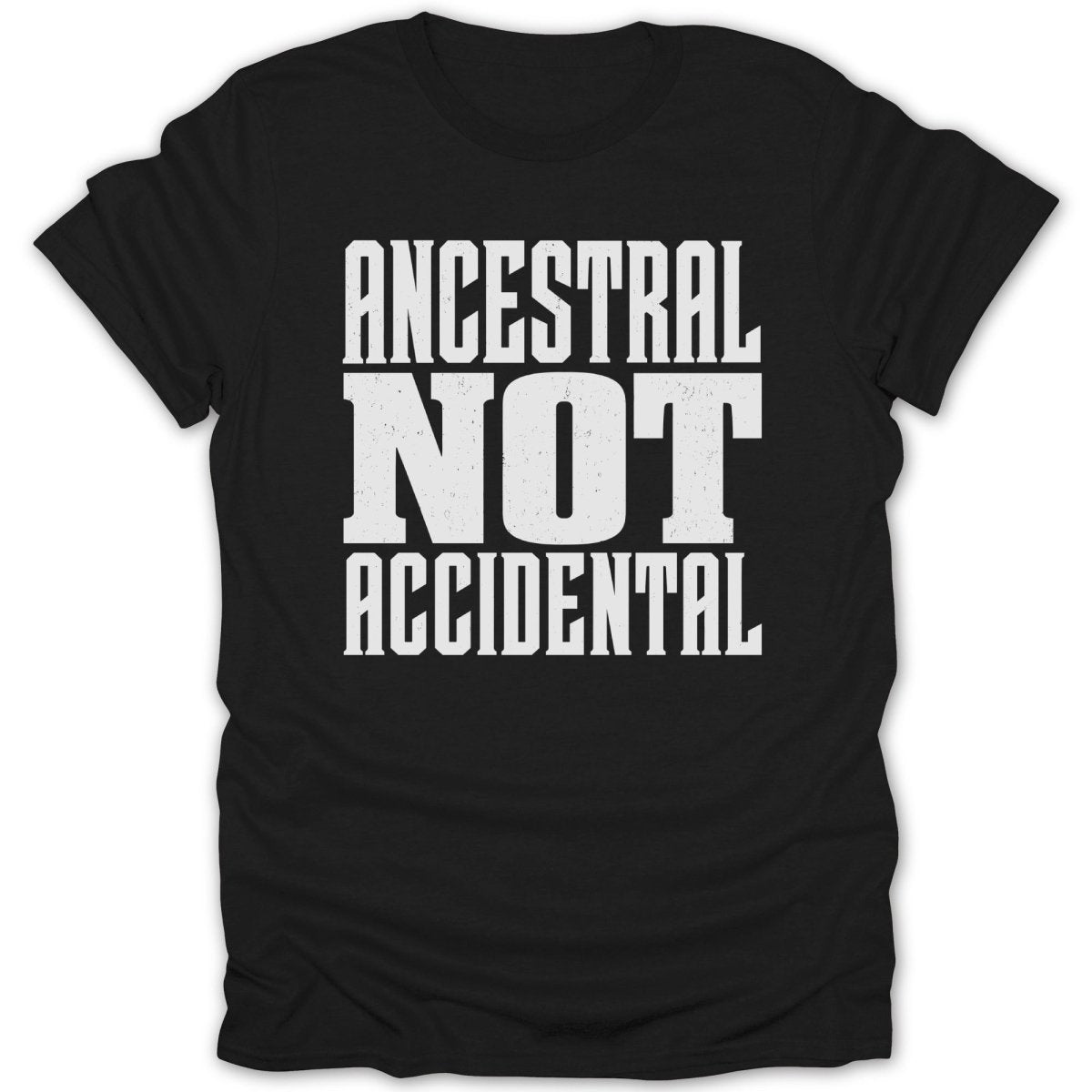 Black t-shirt with white text "ANCESTRAL NOT ACCIDENTAL"