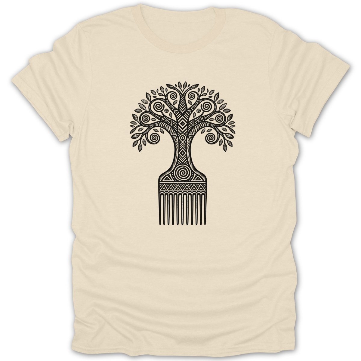 Light cream t-shirt with black tribal tree-comb design.