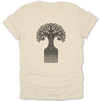 Light cream t-shirt with black tribal tree-comb design.