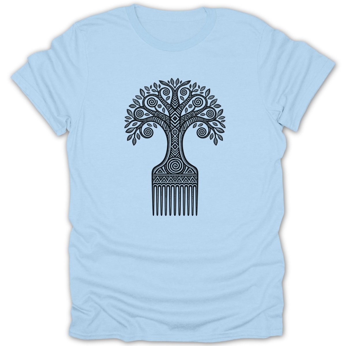 Light blue t-shirt with a black graphic of a tree growing out of a pick comb.
