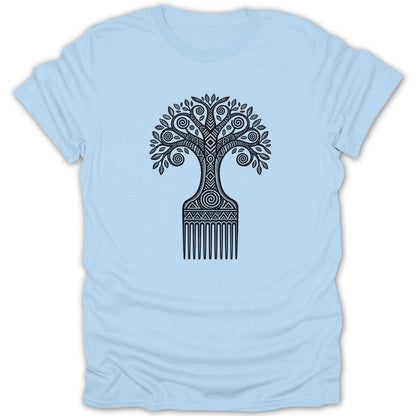Light blue t-shirt with a black graphic of a tree growing out of a pick comb.