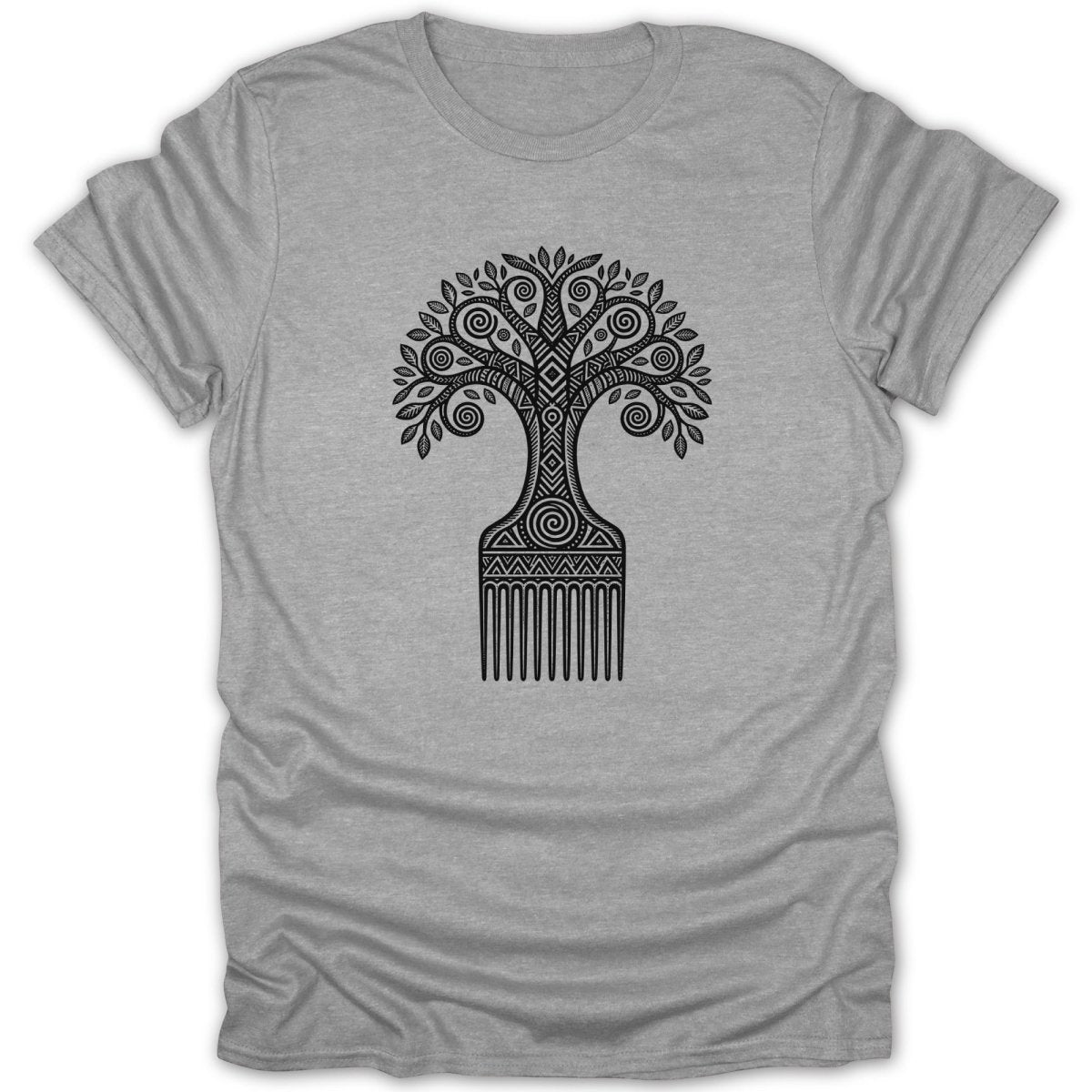 Grey t-shirt with black tree-shaped afro pick graphic.