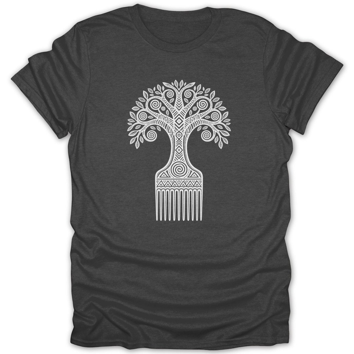 Dark grey t-shirt with a white graphic of a tree comb.
