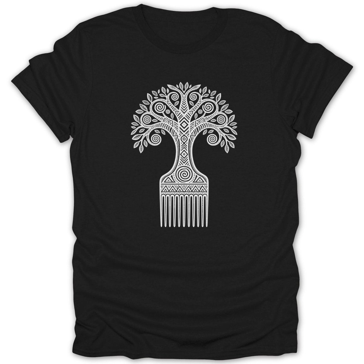 Black t-shirt featuring a white graphic of a tree with comb roots and intricate patterns.